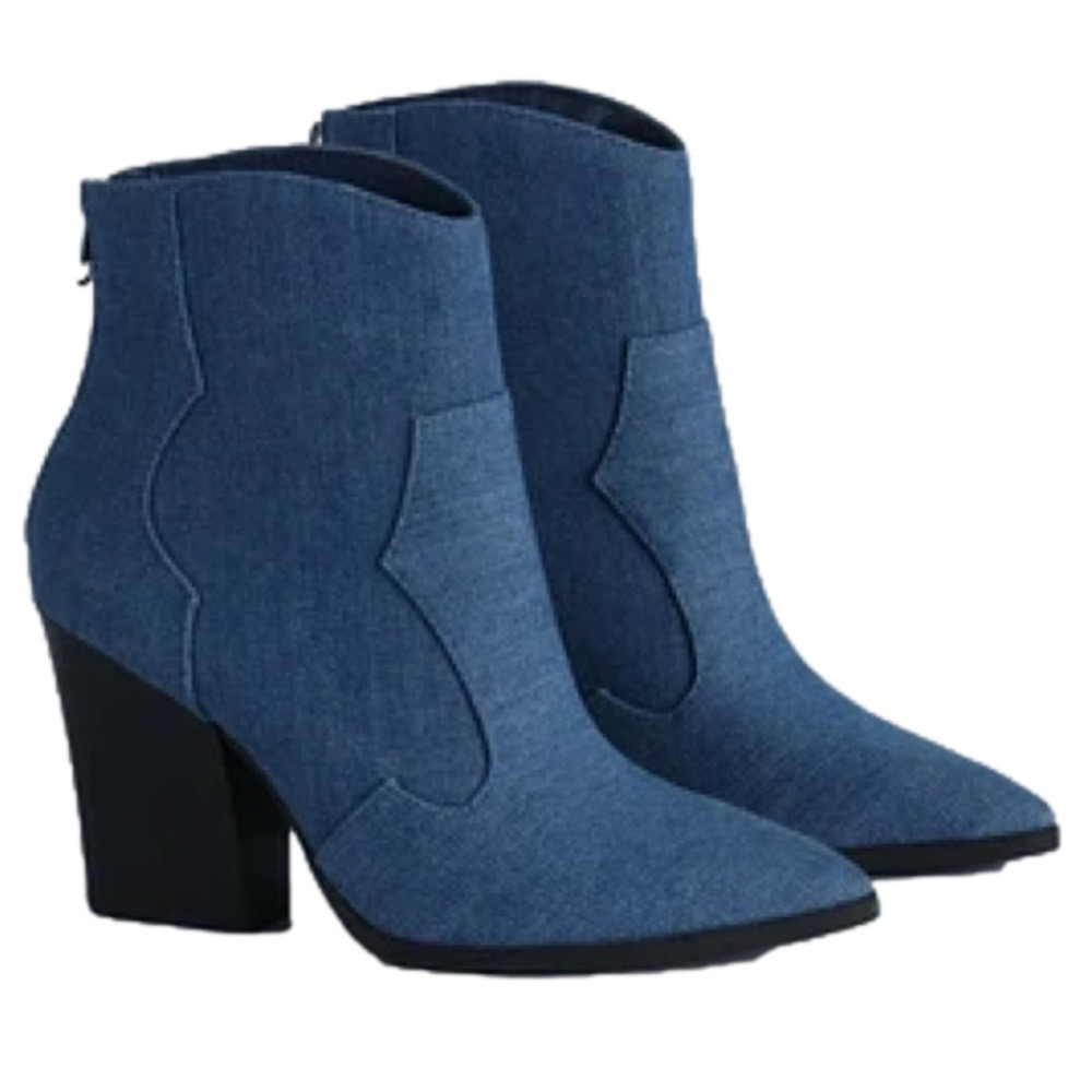 Soda Blue Denim Ankle Boots Heeled Cowboy Booties Pointed Toe Size 10 Western